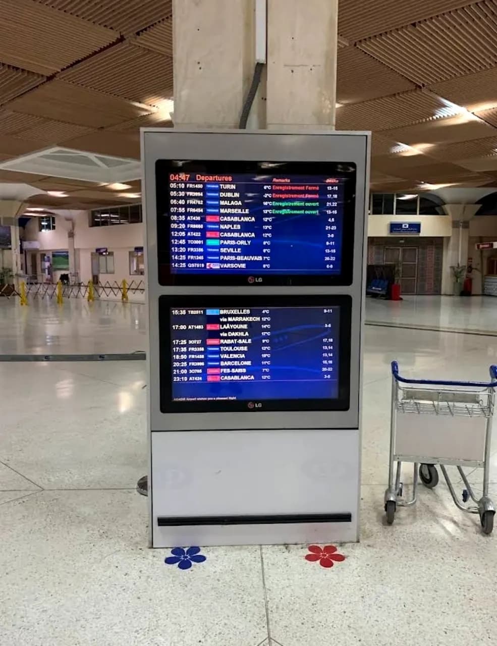 Departure information screens inside Agadir Airport