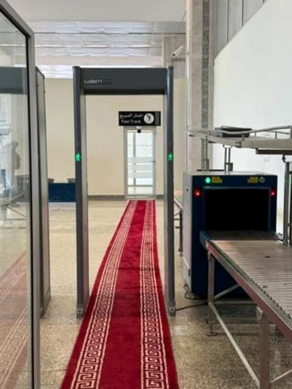 Security screening passage and Fast Track sign at Agadir Airport